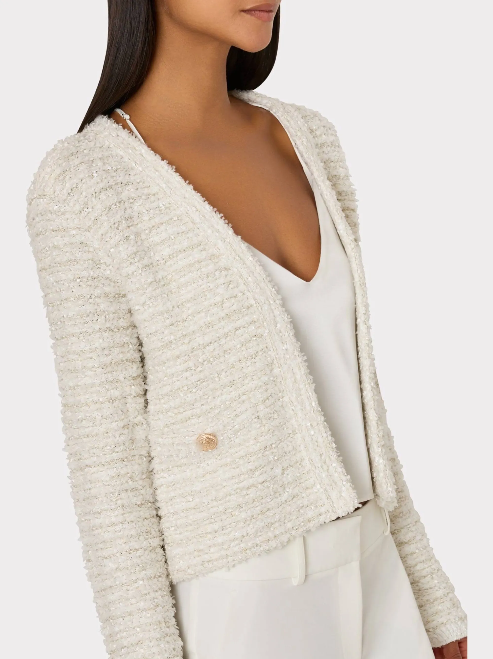 Milly Knit Textured Boucle Cardigan Jacket in Ecru Multi