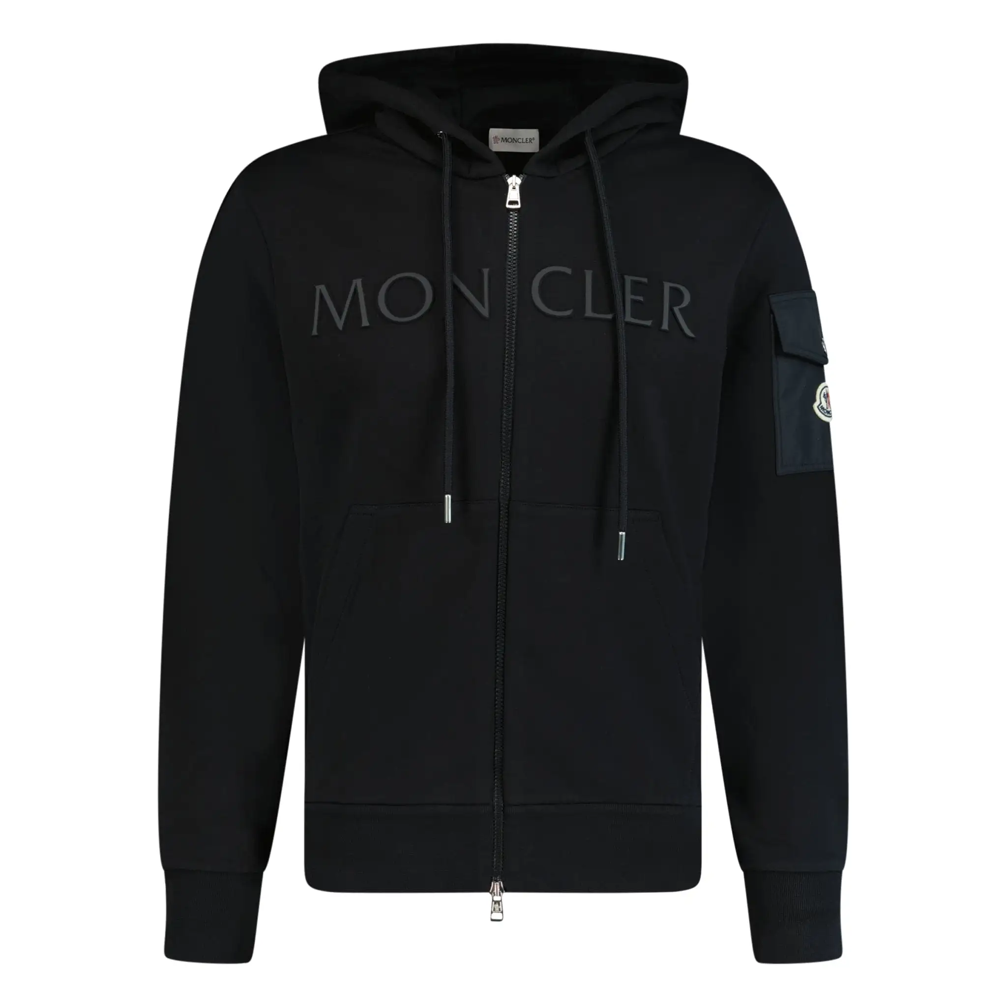 MONCLER LOGO PATCH ZIP FRONT HOODIE BLACK