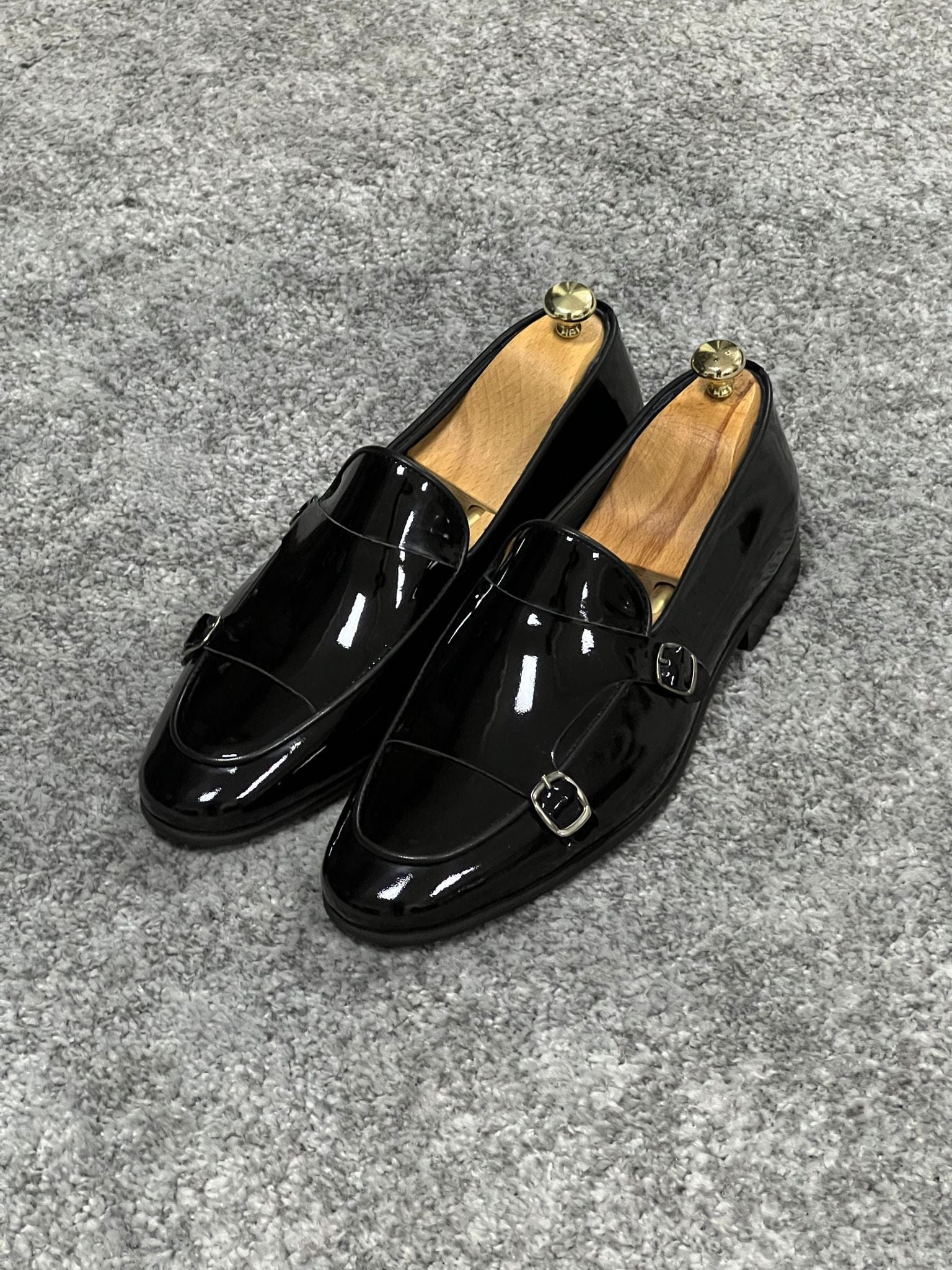 Neo Lite Sole Double Monk Strap Patent Leather Black Shoes