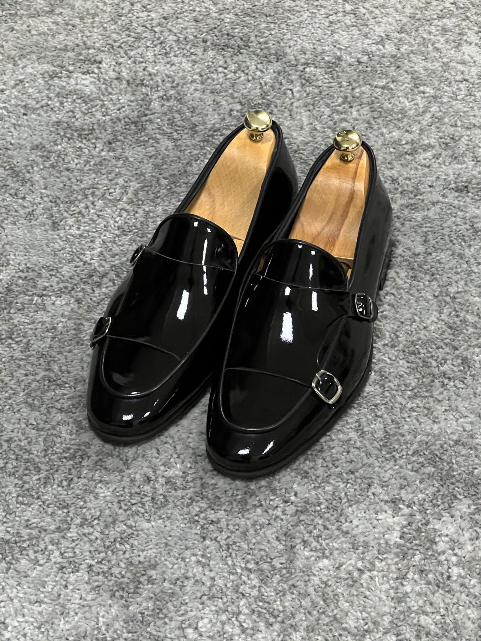 Neo Lite Sole Double Monk Strap Patent Leather Black Shoes