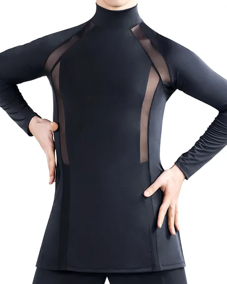 New Latin Competition Shirt with Mesh Cutouts and Turtleneck Available in Black, White, and Navy Blue Sizes XS-XXL M007