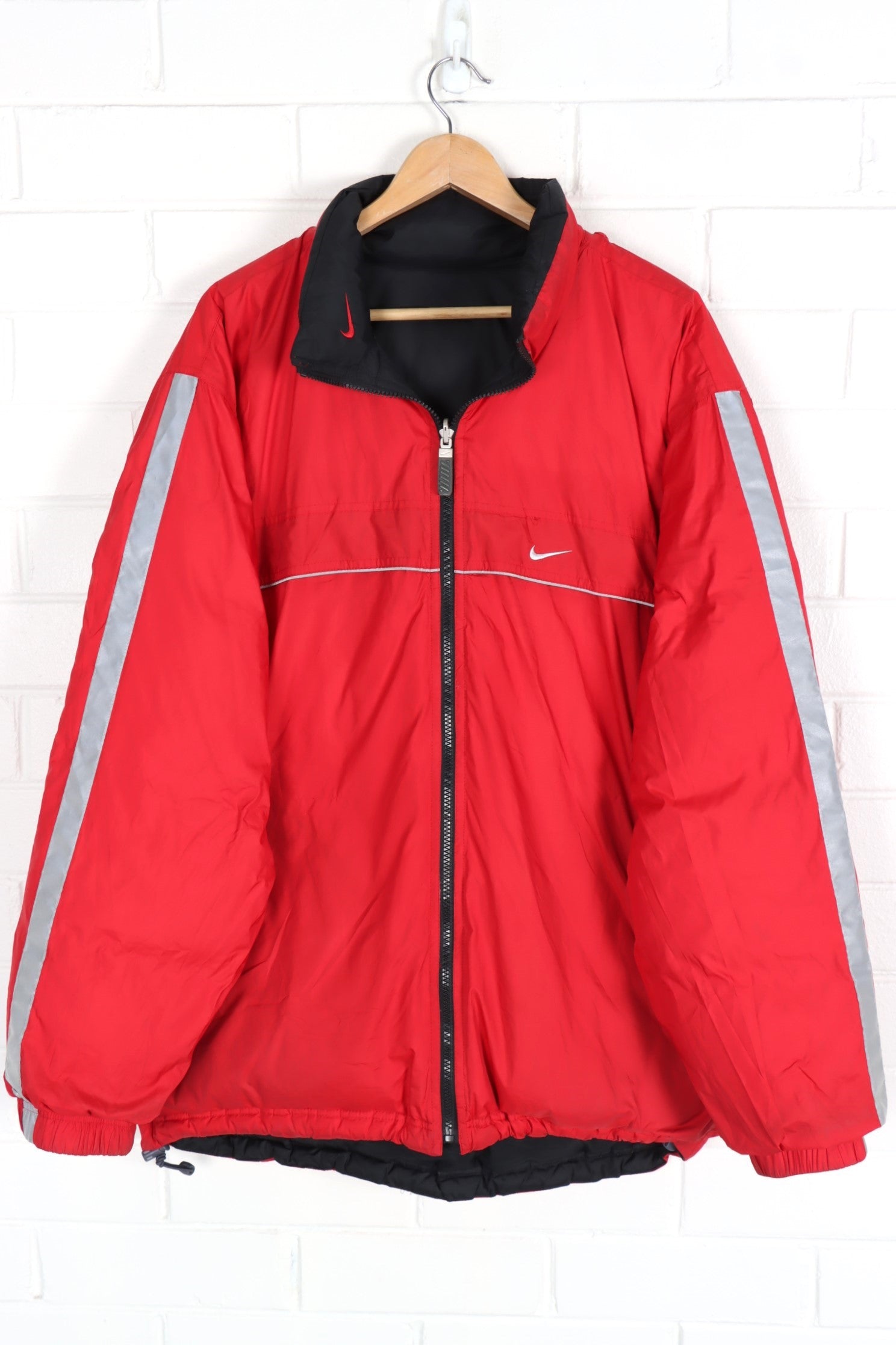 NIKE Red & Black Embroidered Swoosh Reversible Puffer Jacket (XL-XXL)