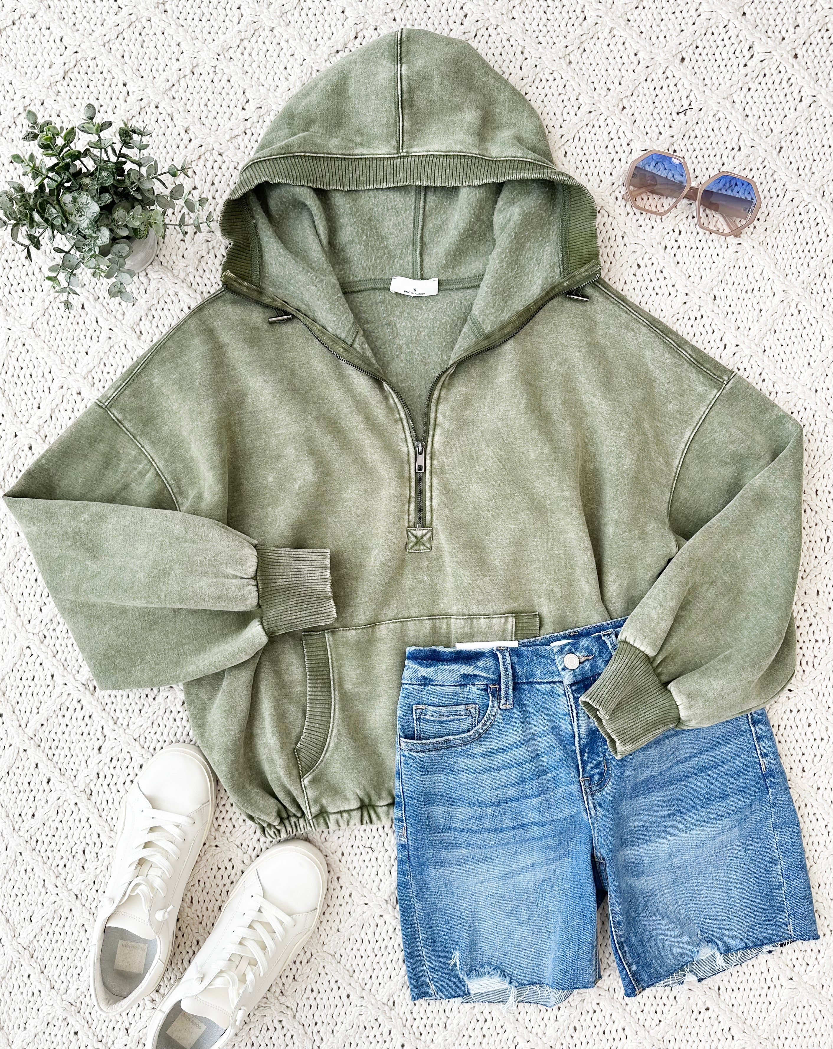 On My Way Olive Washed Drawstring Hoodie