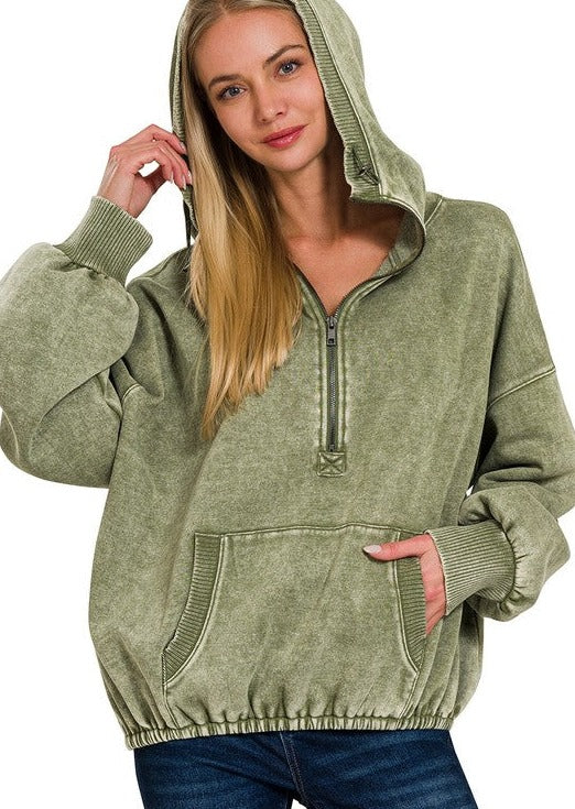 On My Way Olive Washed Drawstring Hoodie