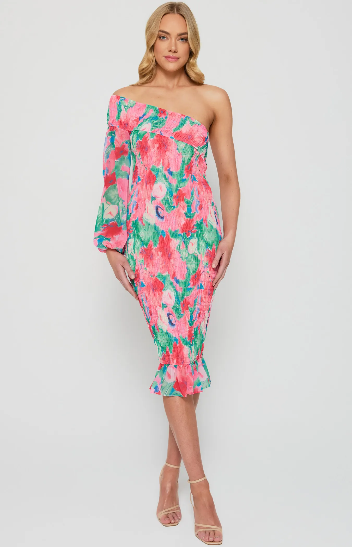 One Shoulder Floral Print Shirred Midi Dress (WDR608B)