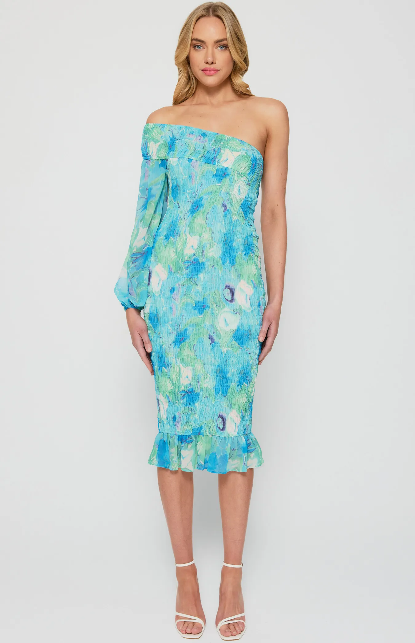 One Shoulder Floral Print Shirred Midi Dress (WDR608B)