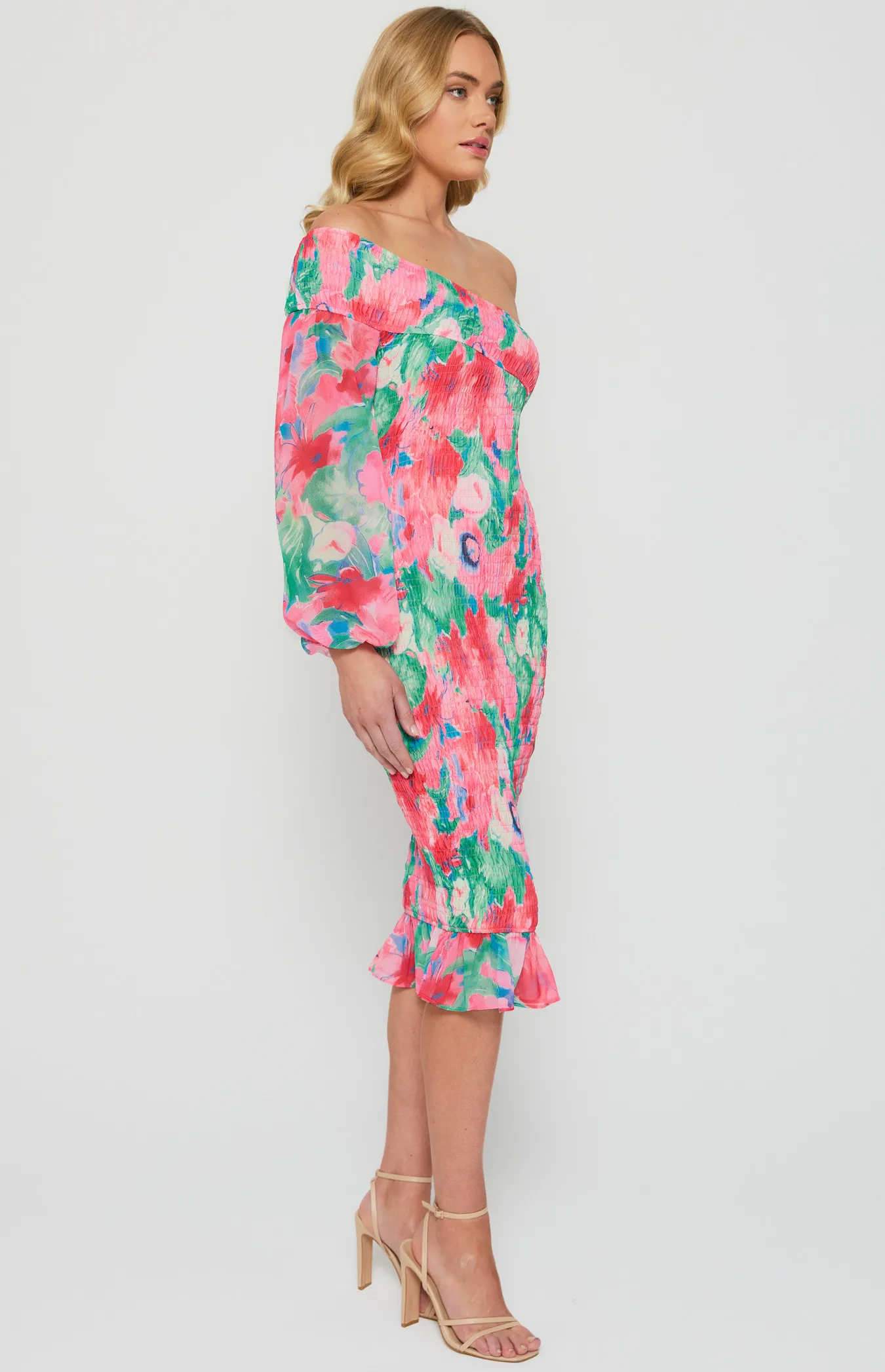 One Shoulder Floral Print Shirred Midi Dress (WDR608B)