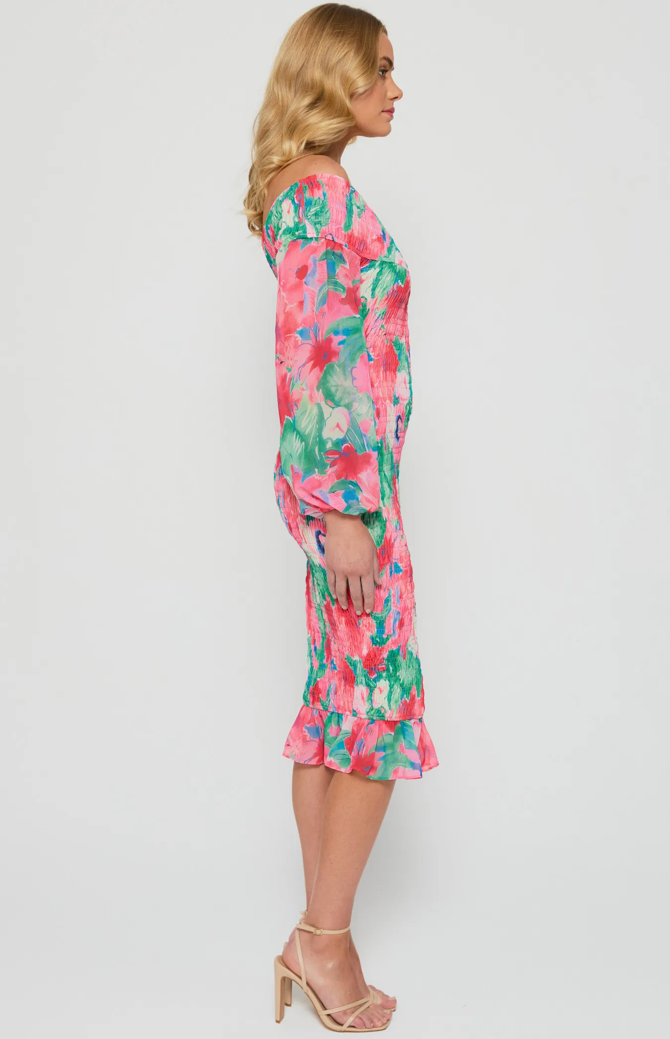 One Shoulder Floral Print Shirred Midi Dress (WDR608B)