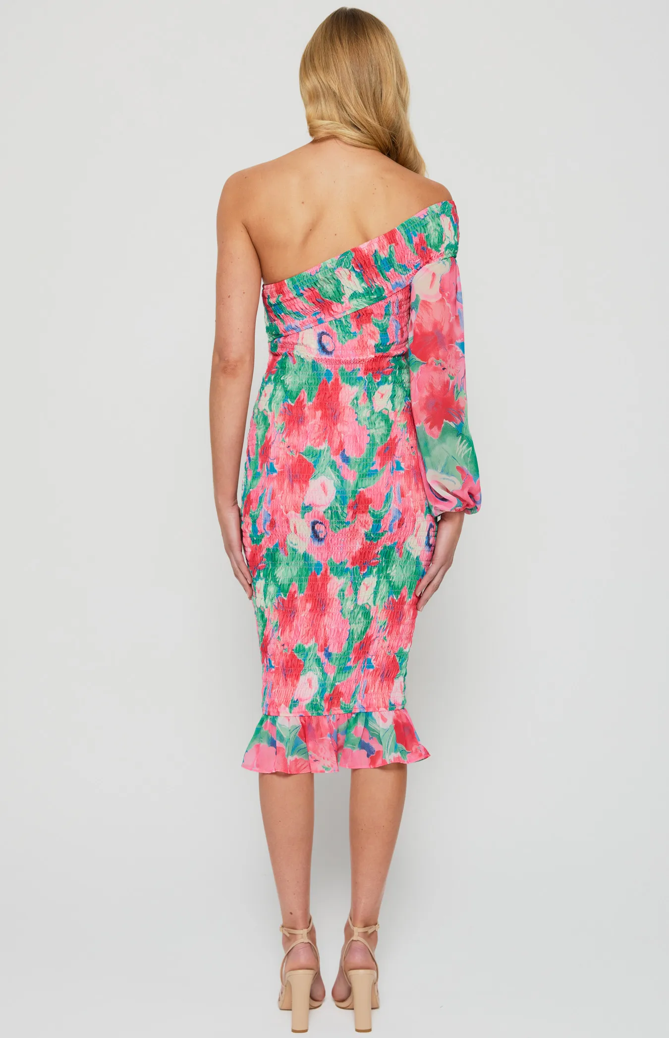 One Shoulder Floral Print Shirred Midi Dress (WDR608B)