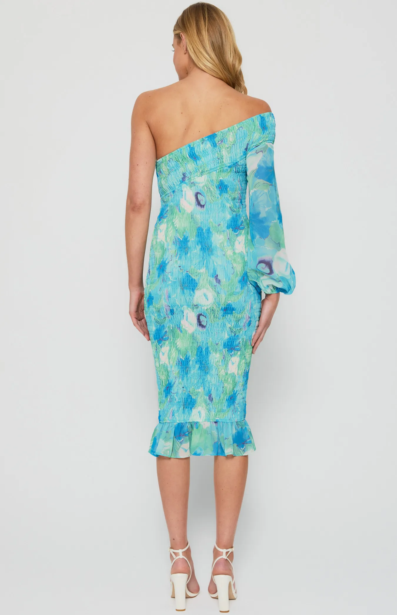 One Shoulder Floral Print Shirred Midi Dress (WDR608B)