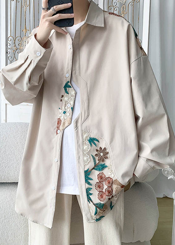 Plus Size Beige Embroidered Button Cotton Neutral Coats Spring QA1034