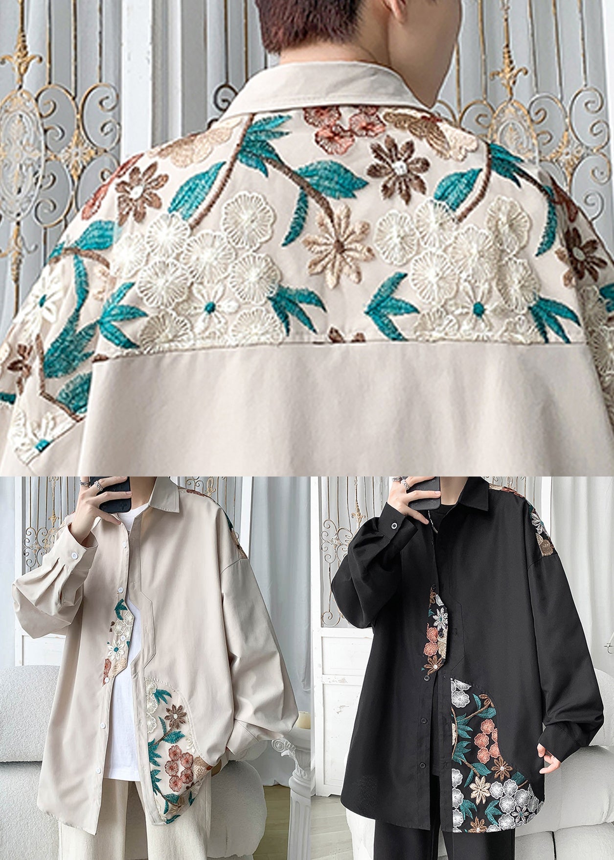 Plus Size Beige Embroidered Button Cotton Neutral Coats Spring QA1034