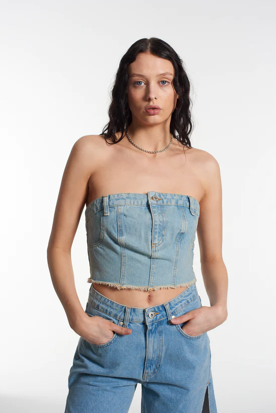 Ragged Priest – Roxy Denim Corset Top in Blue