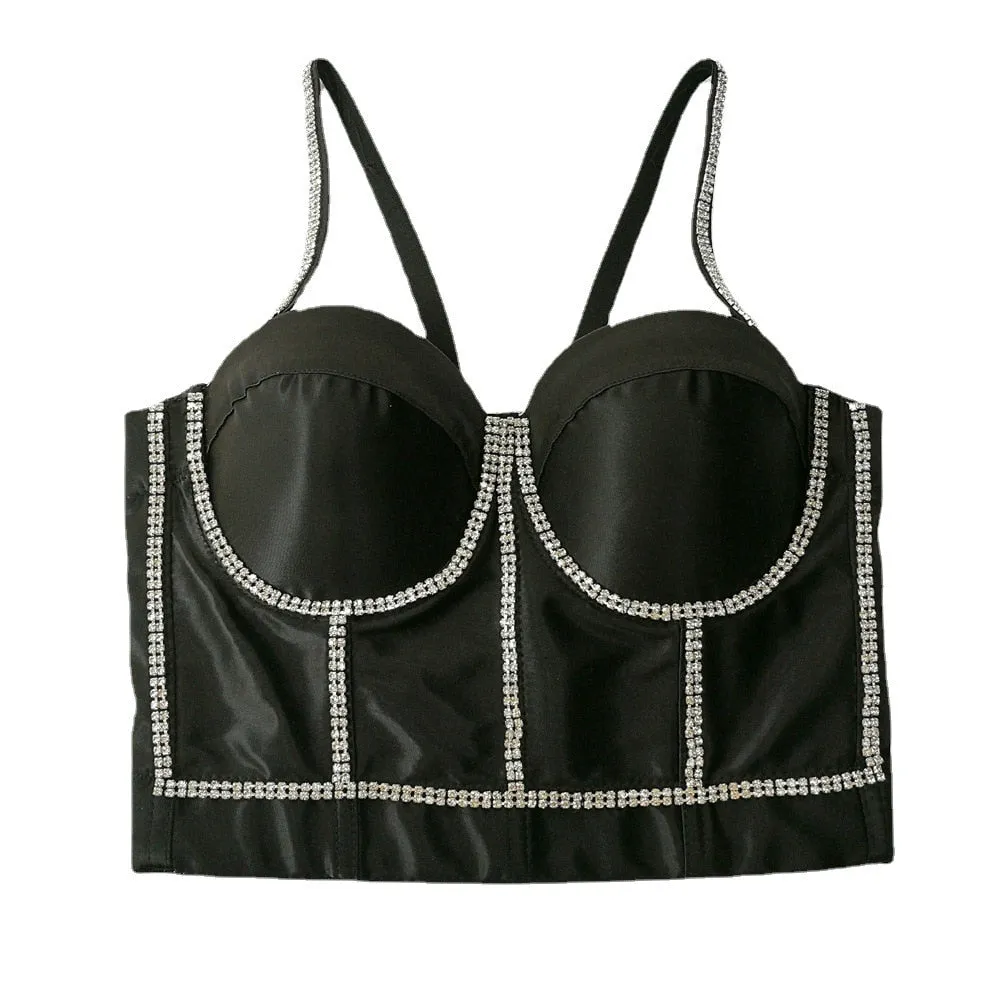 Sexy Sleeveless Rhinestone Shine Corset Nightclub Party Cups Short Women Camis In Bra Cropped Crop Top YH8275