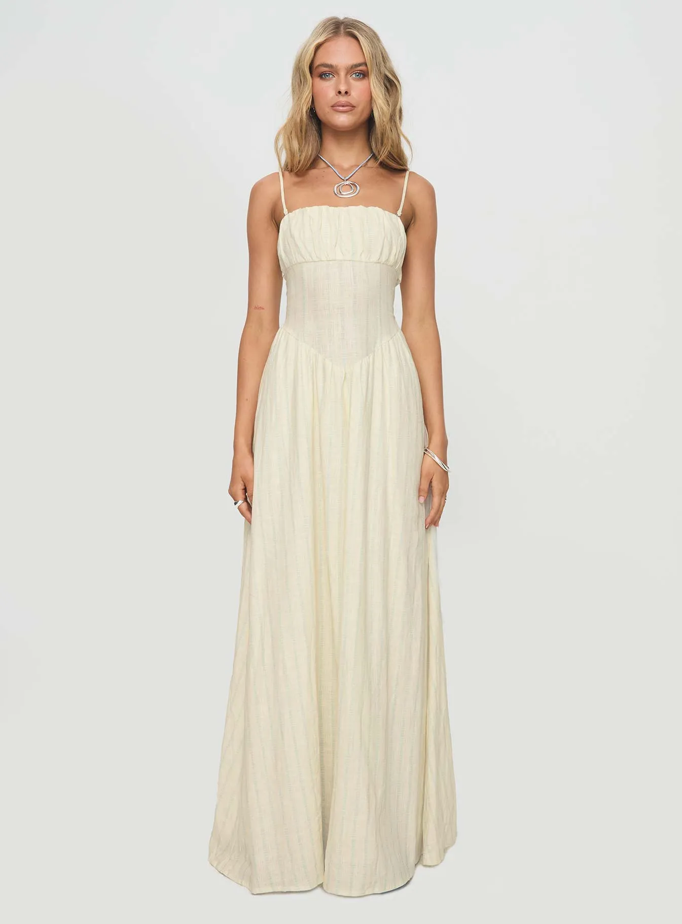 Slow Dance Linen Blend Maxi Dress Cream / Blue