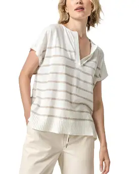 Striped Split Neck Tunic Sweater (Linen Stripe)