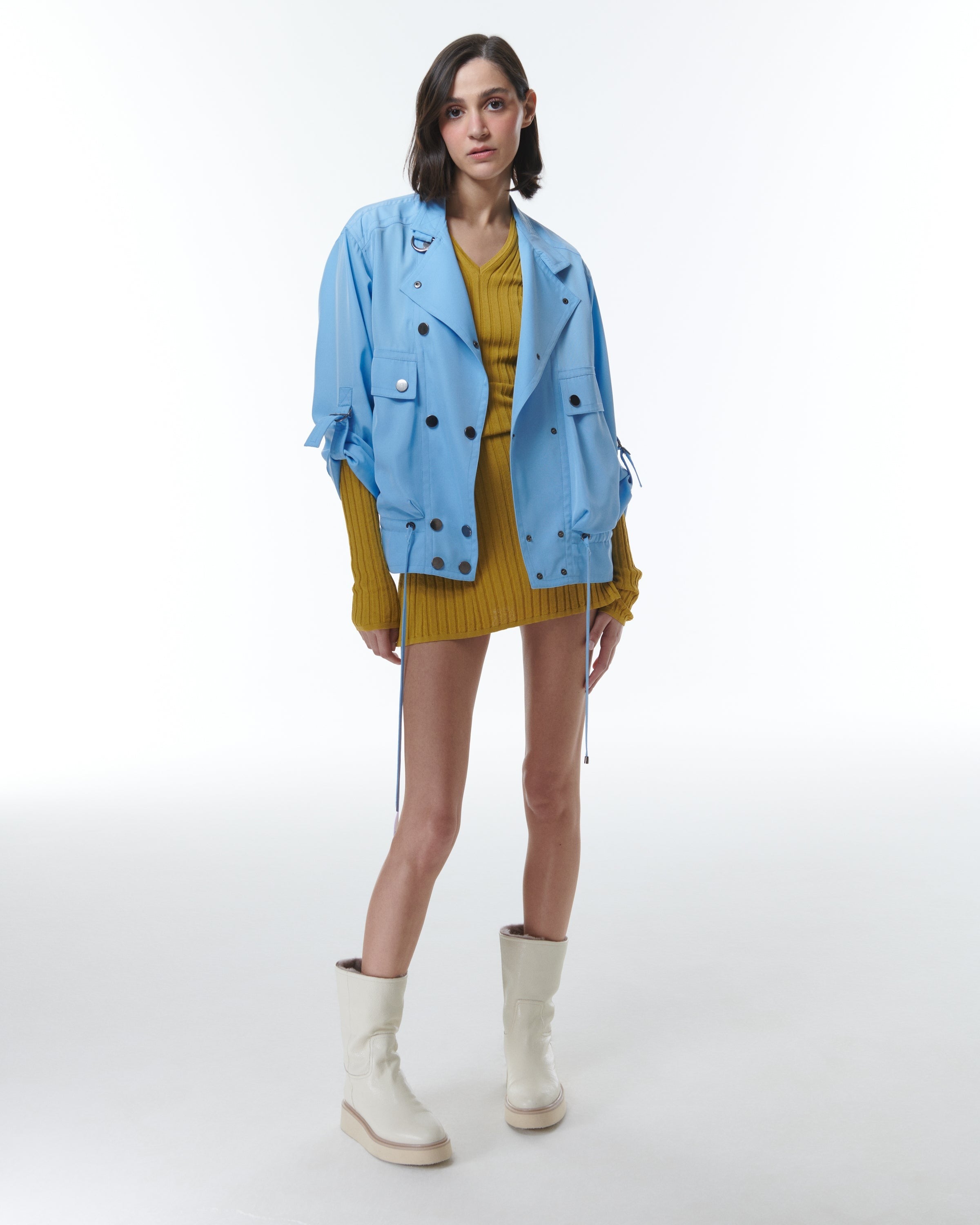 Theo Eos Draped Bomber Jacket in Sky Blue