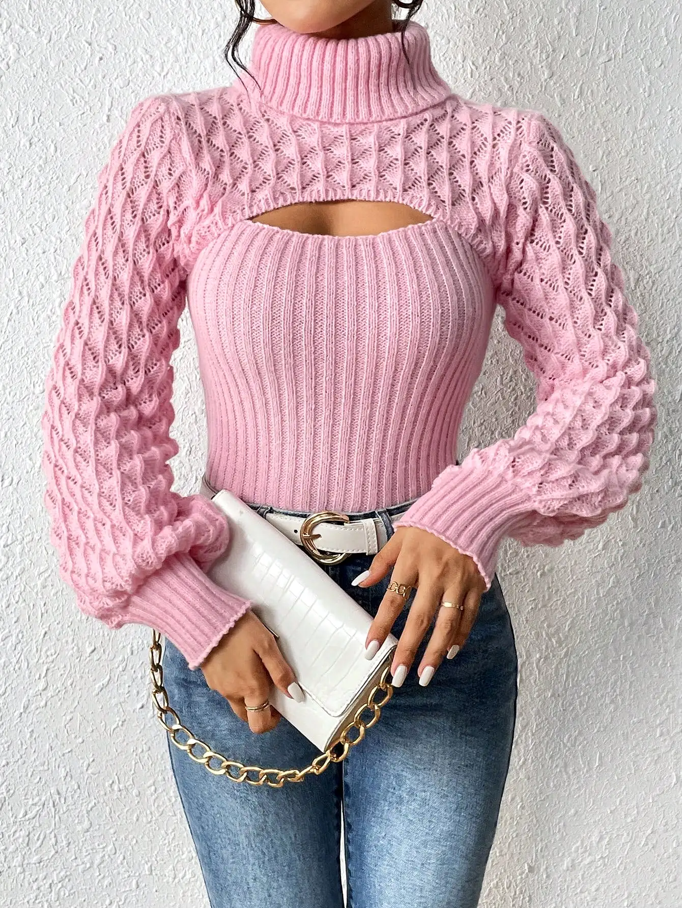 Turtleneck Cut Out Cable Knit Sweater