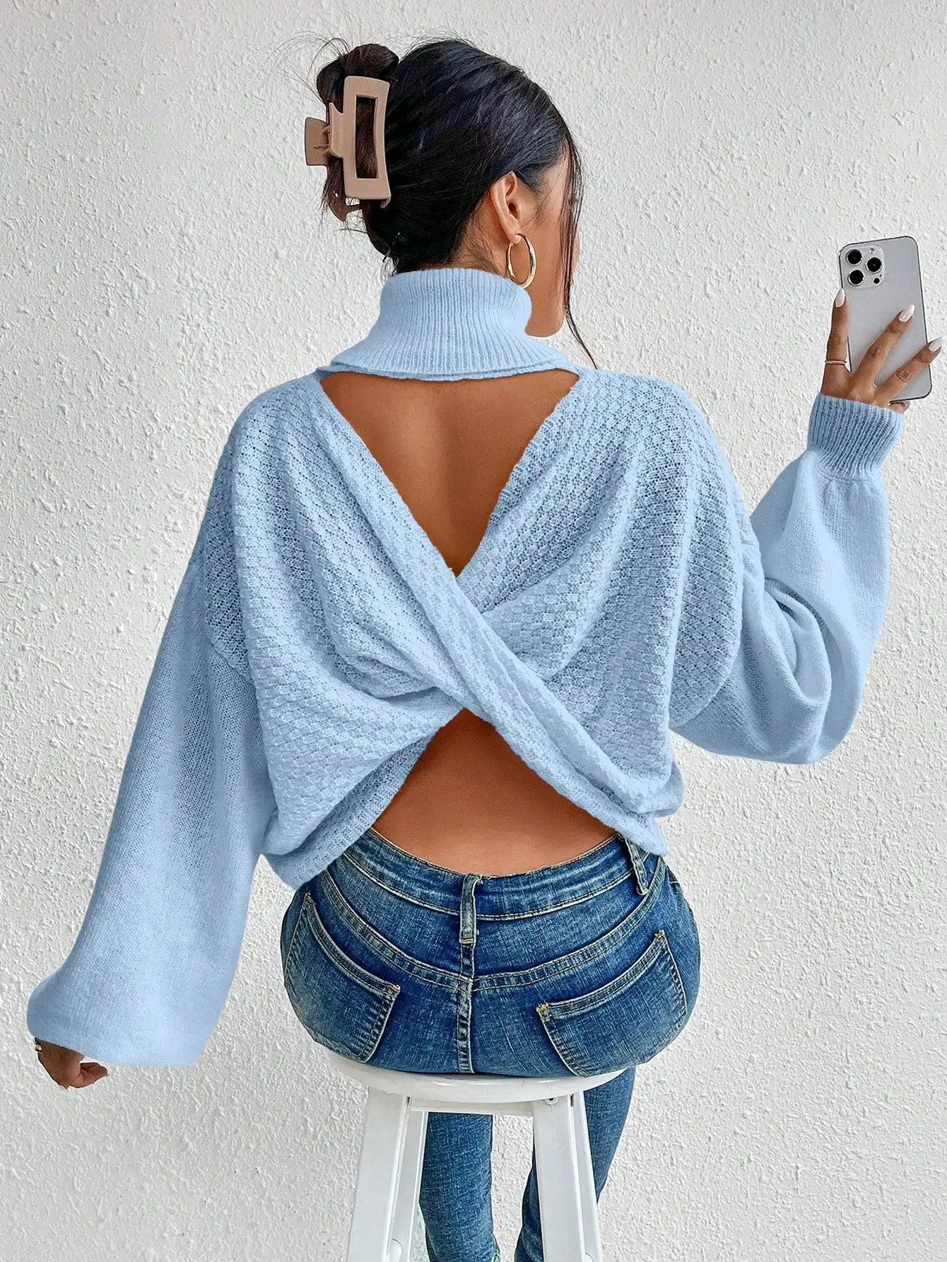 Turtleneck Twist Back Drop Shoulder Sweater