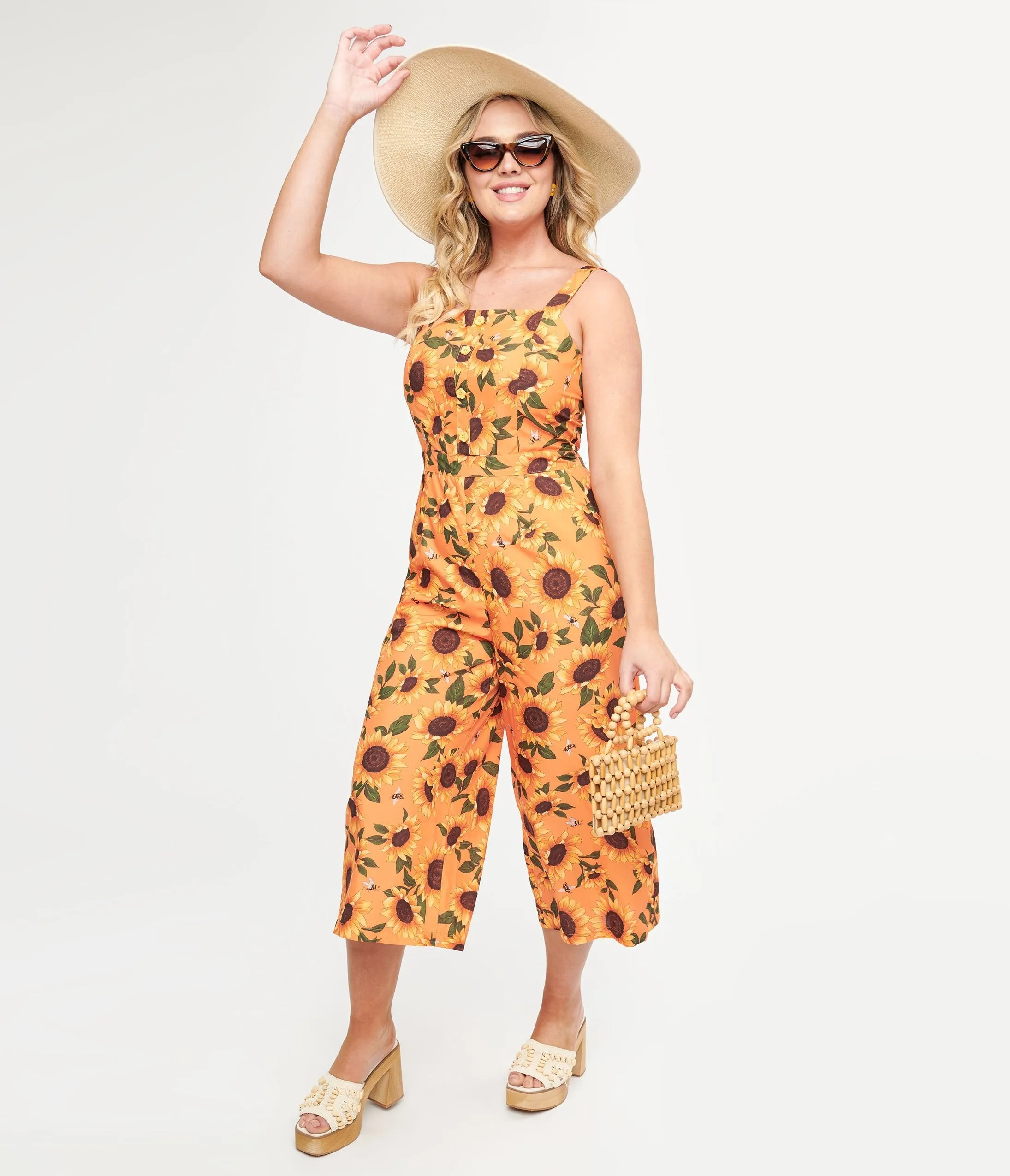 Voodoo Vixen 1950s Orange Sunflowers Wide Leg Jumpsuit