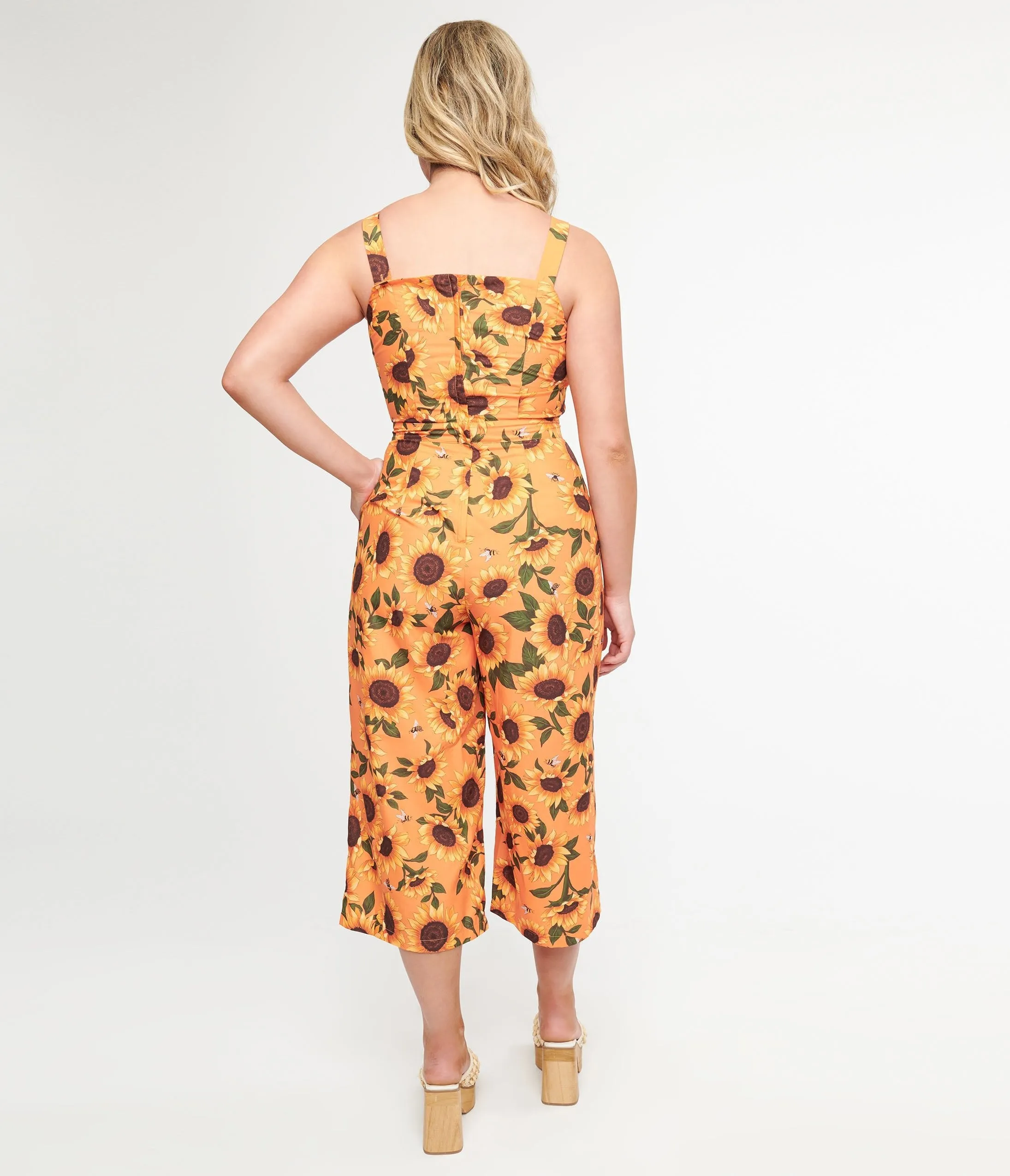 Voodoo Vixen 1950s Orange Sunflowers Wide Leg Jumpsuit