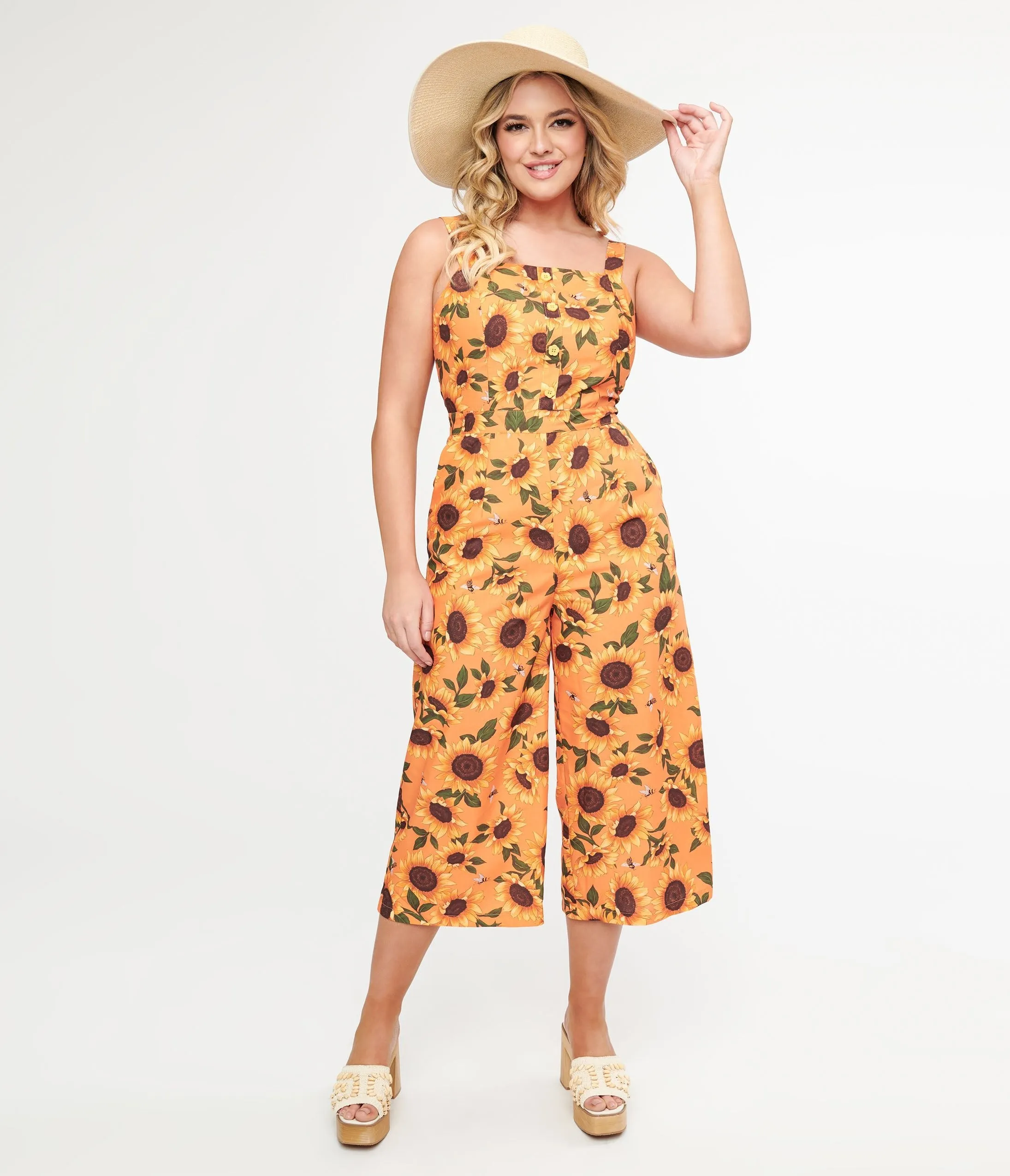 Voodoo Vixen 1950s Orange Sunflowers Wide Leg Jumpsuit