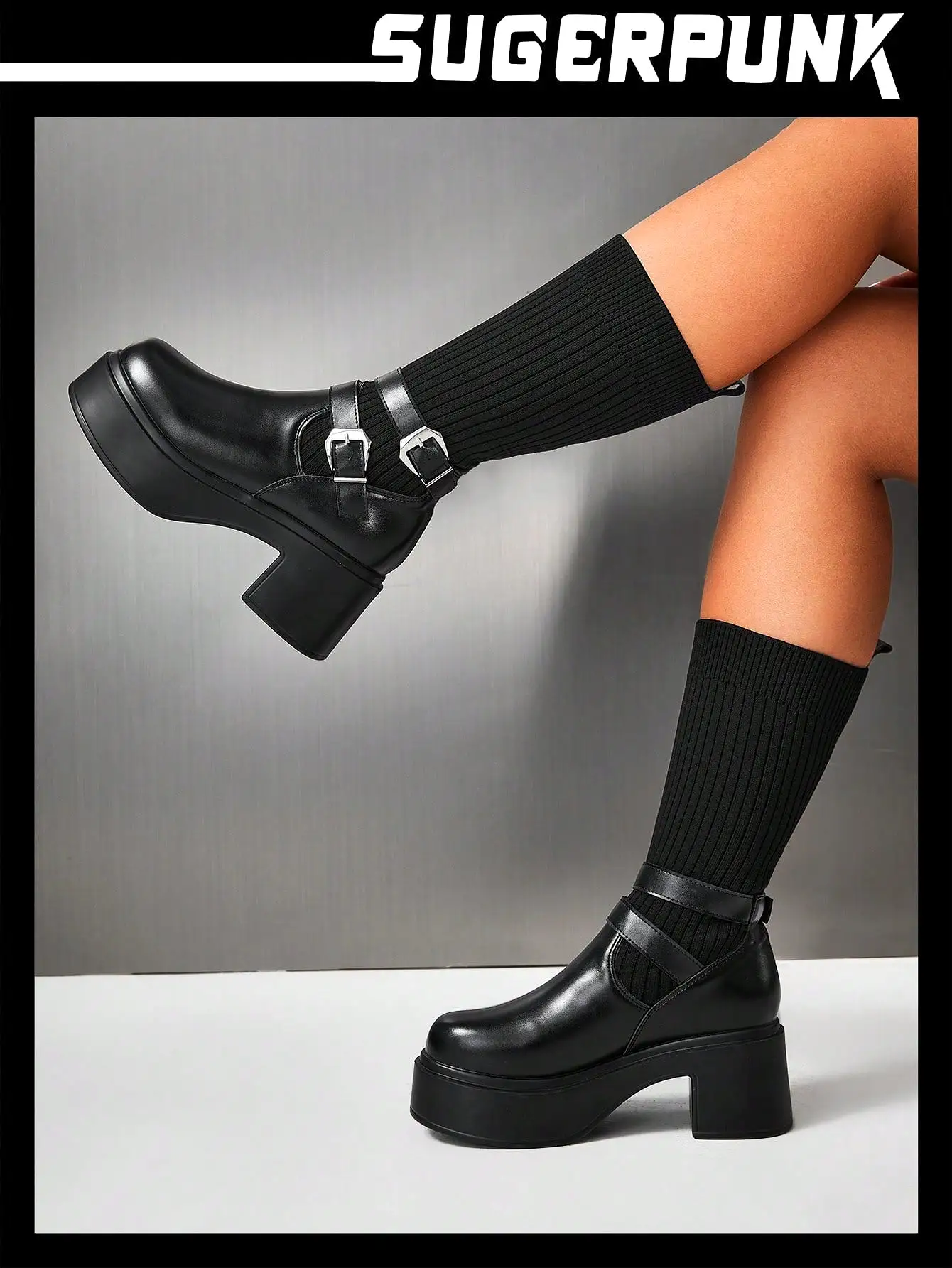 Woman Shoes Fashion Thick Sole Versatile Buckle Up Design Black Boots