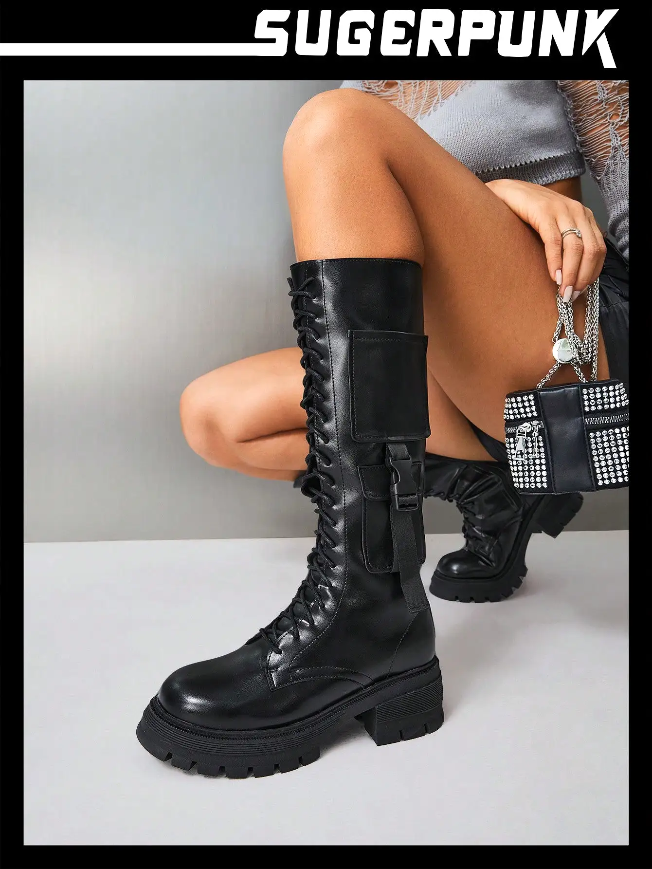 Woman Shoes Motorcycle Style PU Leather Thick Sole Black Boots