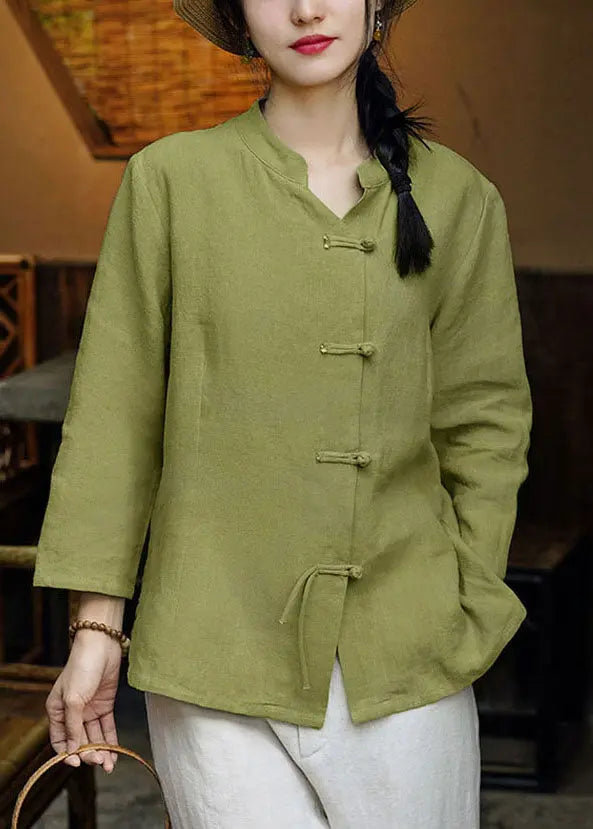 Women Green Stand Collar Button Linen Coats Long Sleeve CG1040