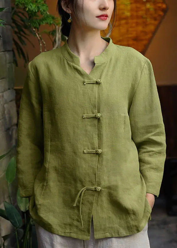 Women Green Stand Collar Button Linen Coats Long Sleeve CG1040