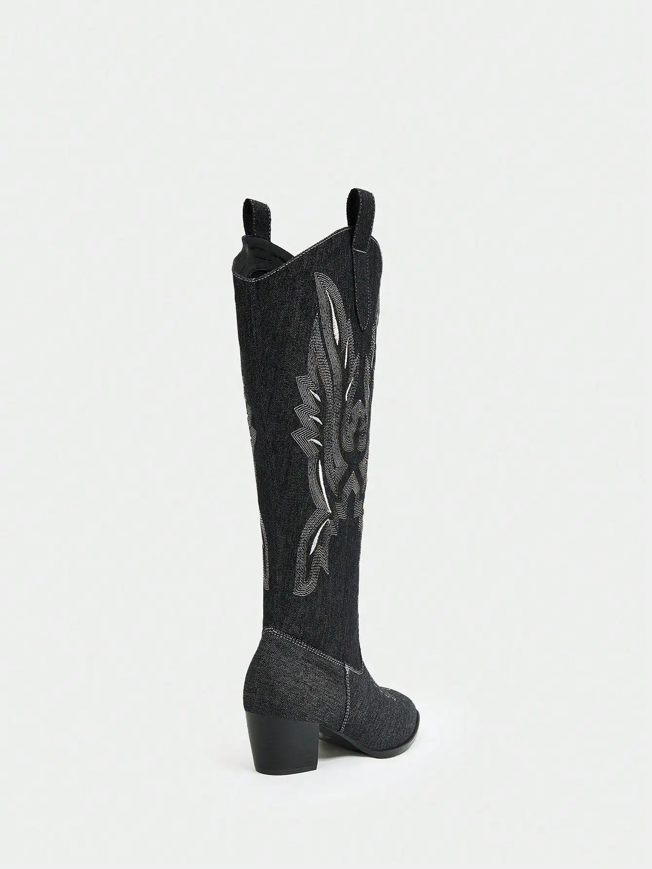 Women's Fashionable Embroidered Details Classic Boots In Denim Material For Outdoor Wear