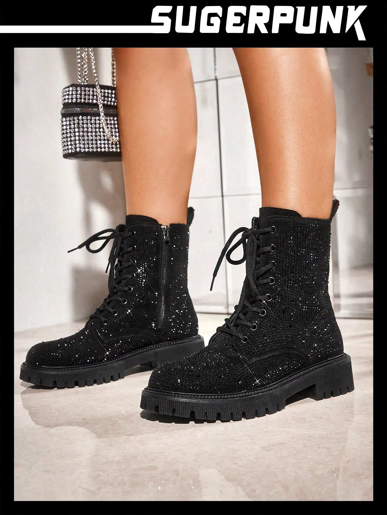 Women's Fashionable Outdoor Glittering Black Combat Boots With Decorative Rhinestones And Laces