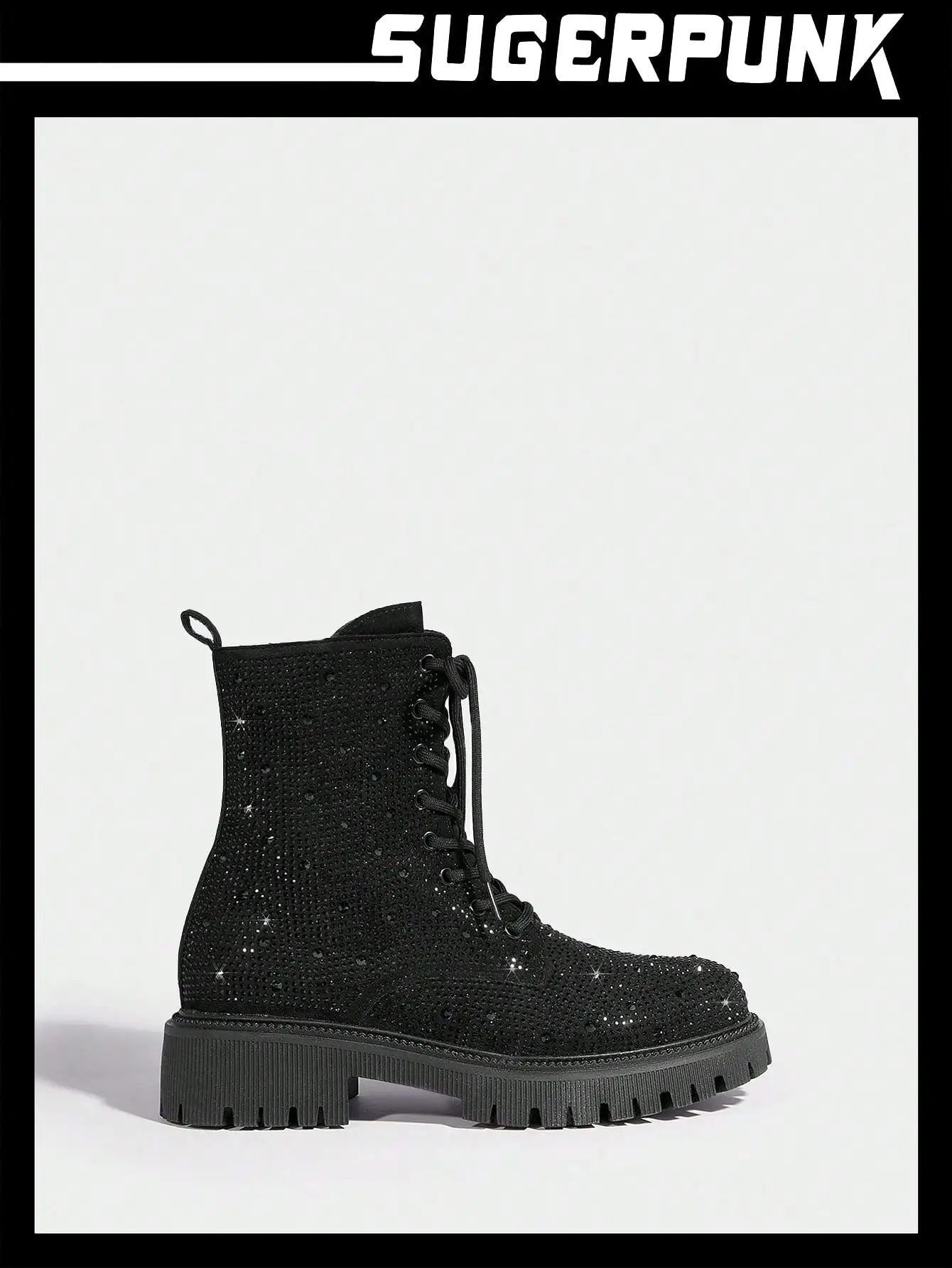 Women's Fashionable Outdoor Glittering Black Combat Boots With Decorative Rhinestones And Laces