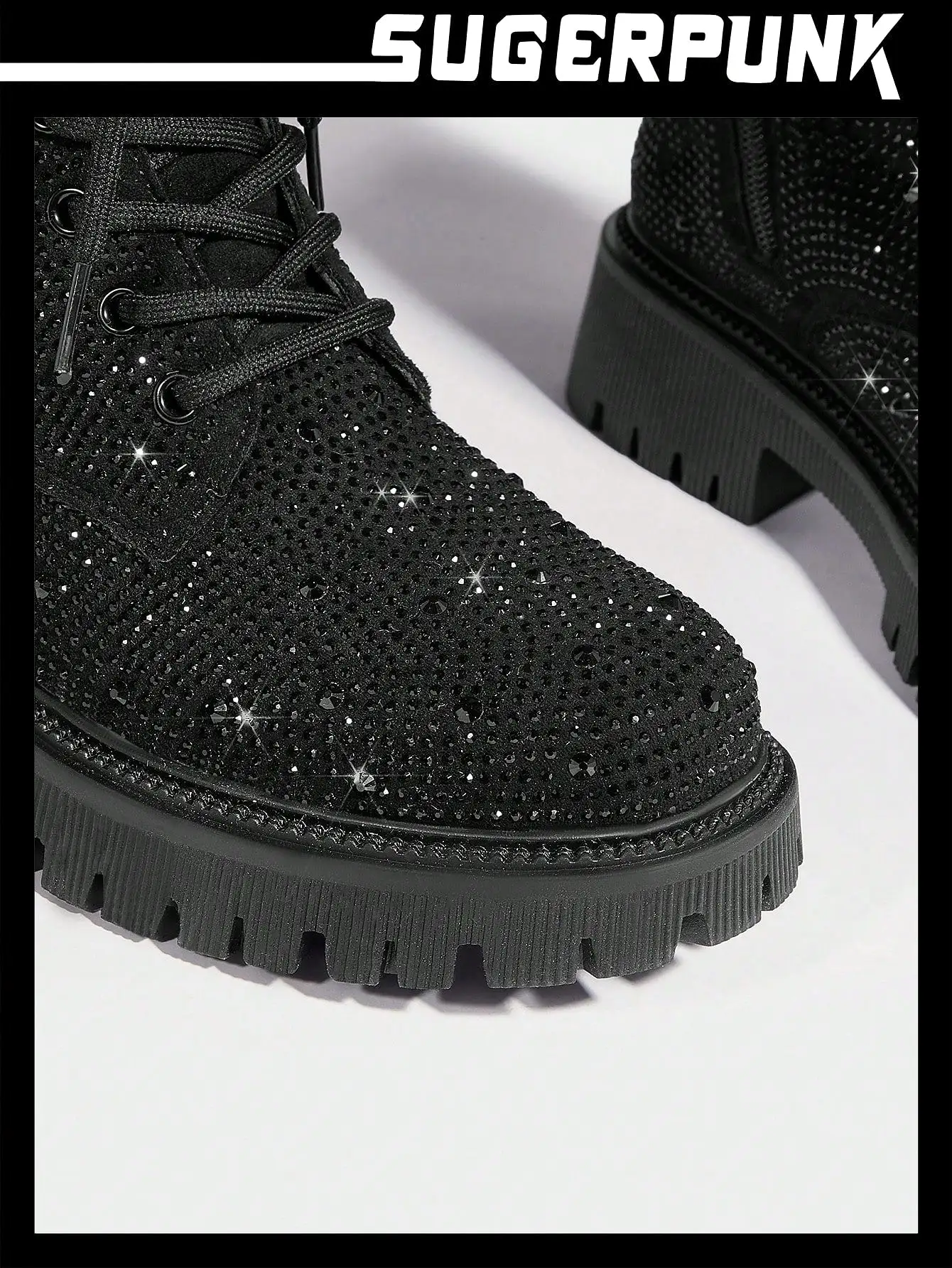 Women's Fashionable Outdoor Glittering Black Combat Boots With Decorative Rhinestones And Laces