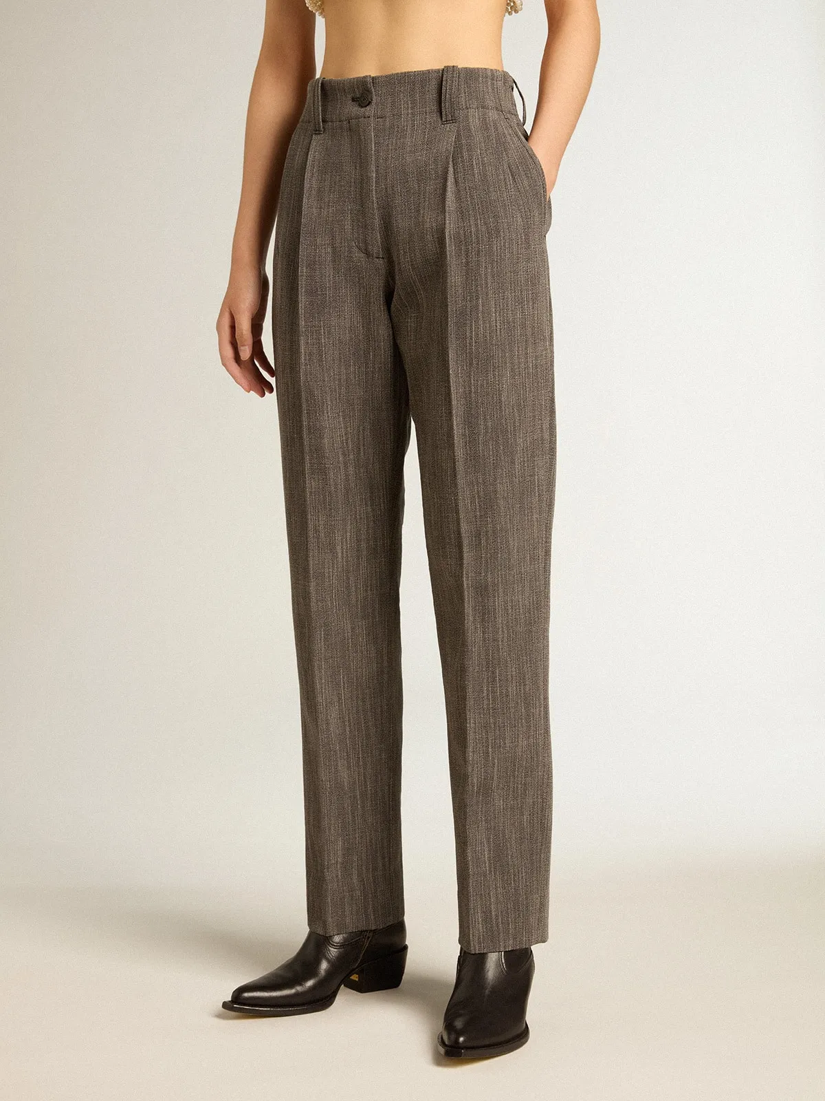 Women’s high-waisted pants in gray melange wool blend