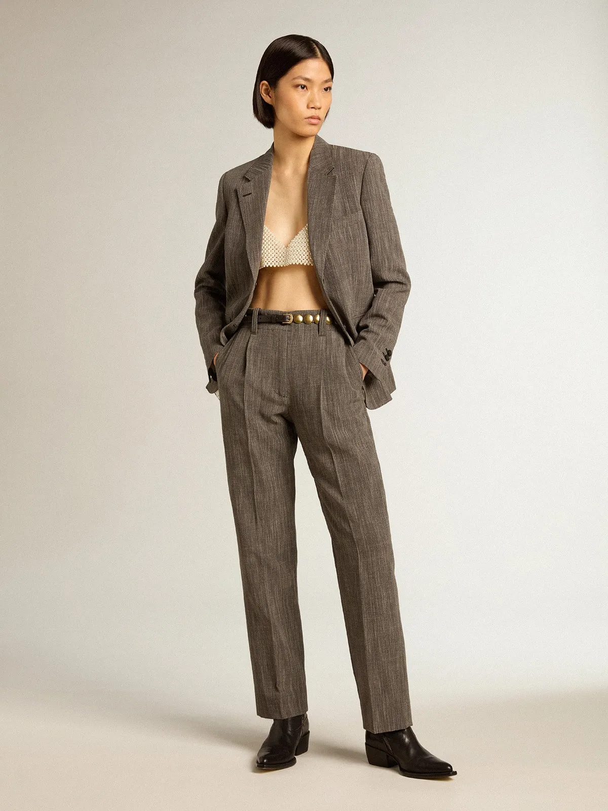 Women’s high-waisted pants in gray melange wool blend