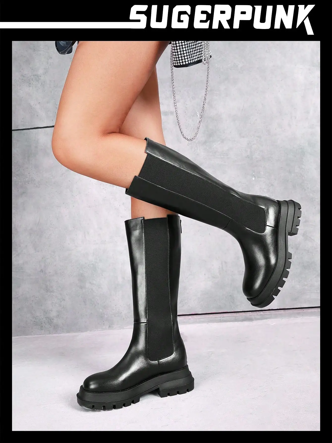 Women's Simple Black Outdoor Knee High Boots, Fashionable Motorcycle Boots For Autumn And Winter