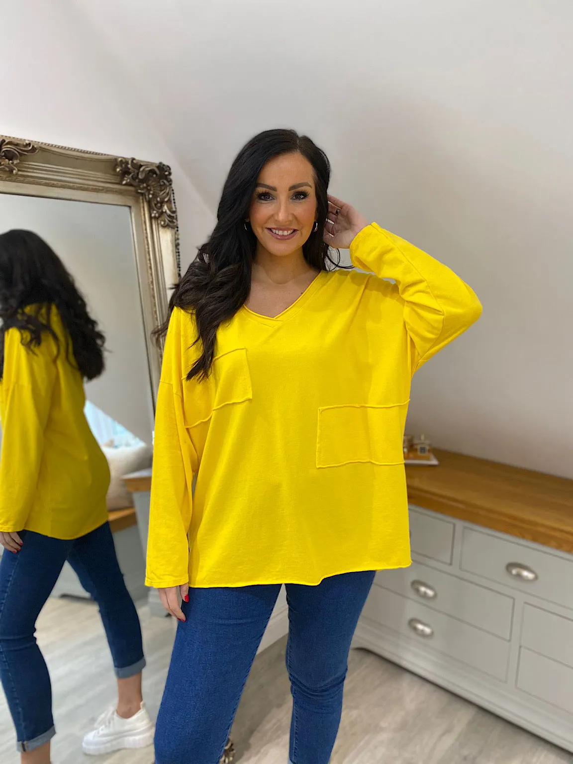 Yellow Long Sleeve Cross V Neck Top Tori